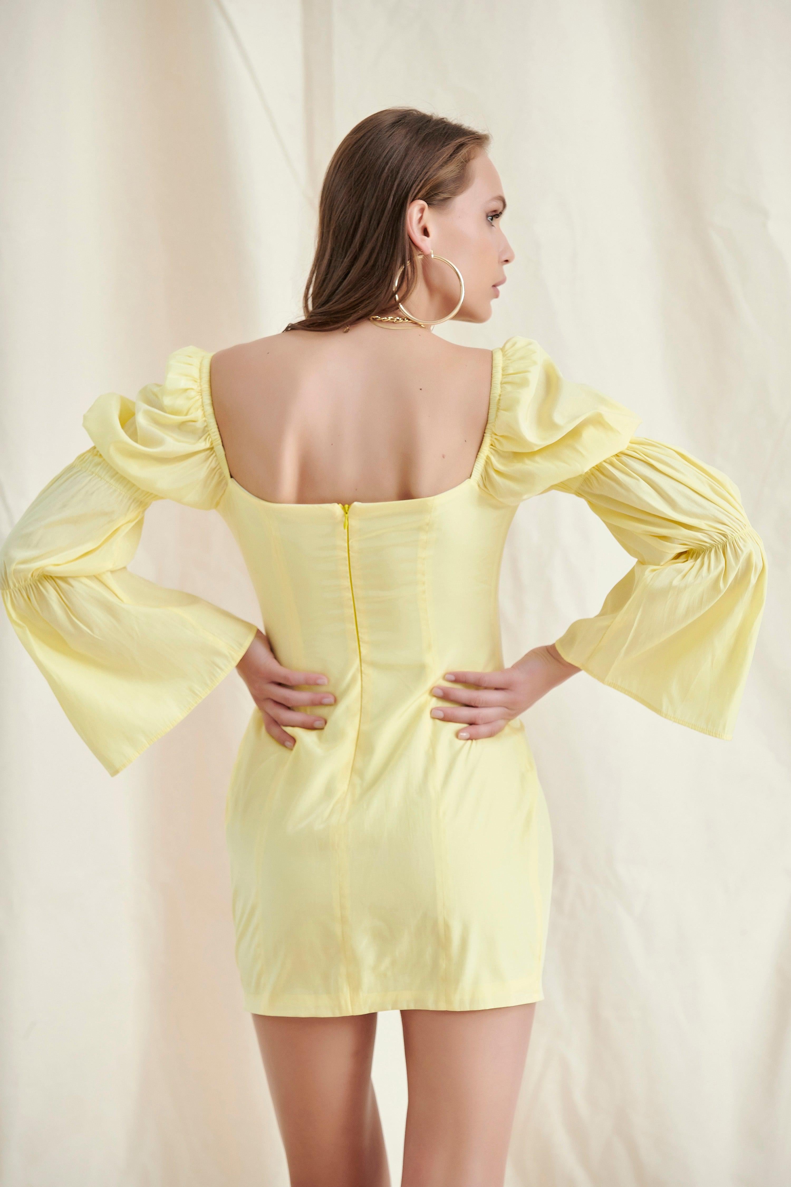 Yellow Lace UP Puff Sleeve Mini Dress