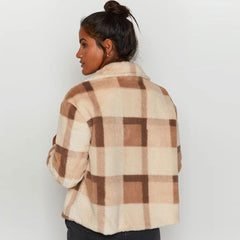 Chic Check Print Long Sleeve Button Up Flap Pocket Faux Fur Teddy Jacket - Brown