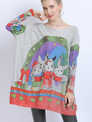 Large Size midi length Sweater Neck Rabbit Print Knit Sweater Tops