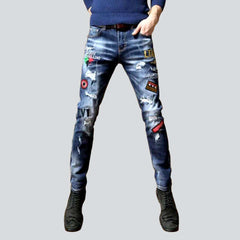 Whiskered embroidery men's jeans