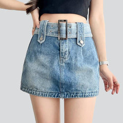 Wide belt mini denim skirt