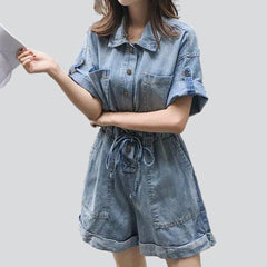 Wide leg denim overall shorts