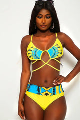 Yellow Ethnic Strappy High Waist Two Piece Swimsuit