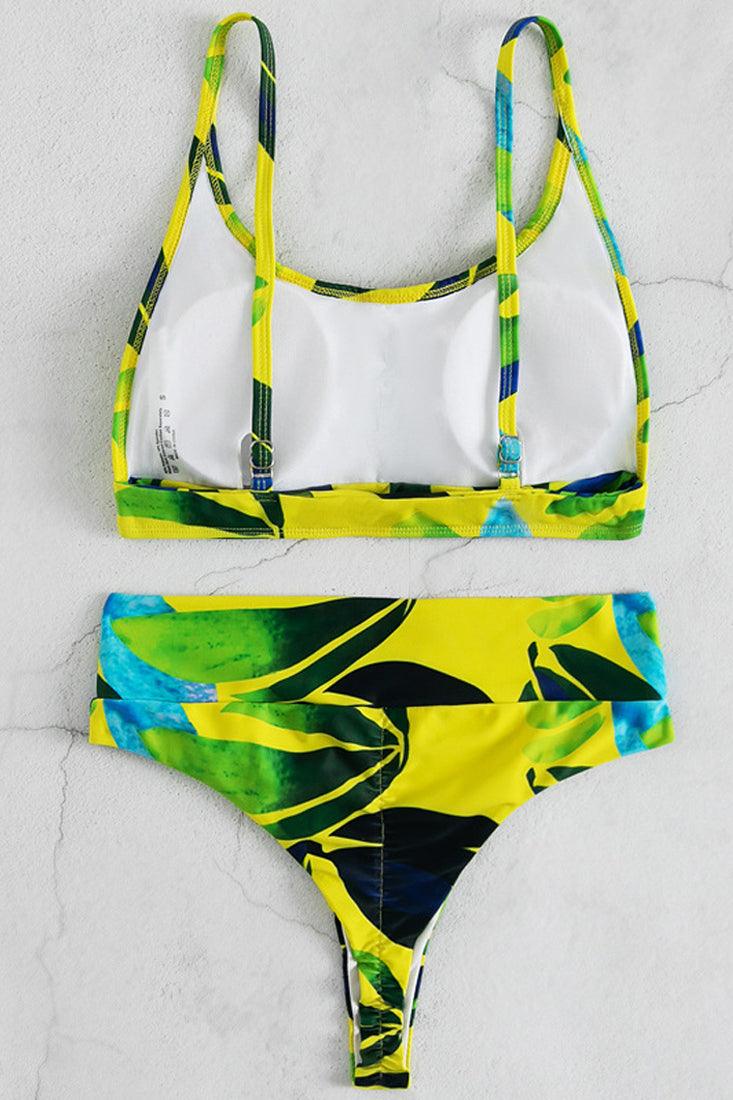 Yellow Floral Print Two Tone Two Piece Swimsuit