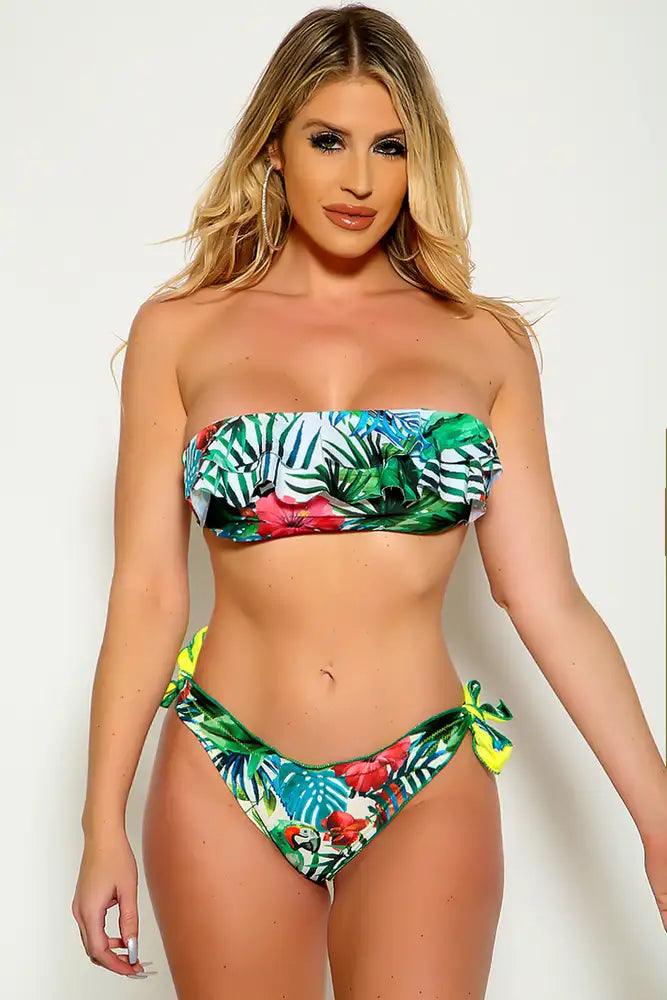 Yellow Green Strapless Ruffled Two Piece Swimsuit