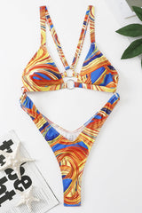 Yellow Multi Print O-Ring Hollow Out Backless Monokini