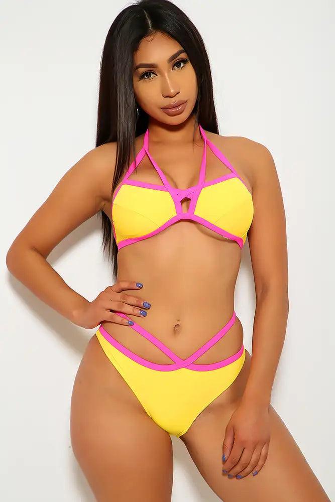 Yellow Pink Two Tone Strappy Padded Two Piece Bikini