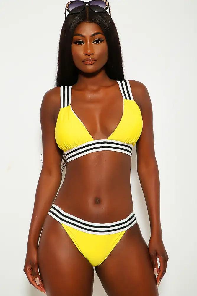 Yellow Striped Mid Rise Two Piece Swimsuit