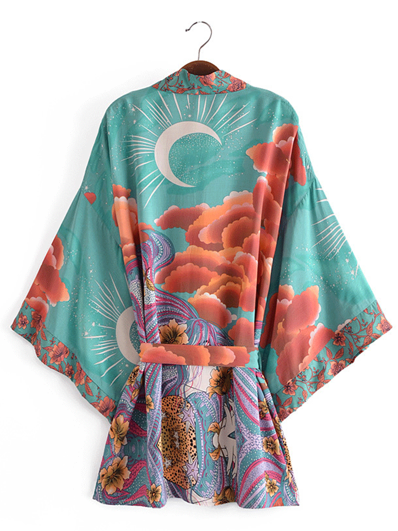 Robe de soirée courte en coton à imprimé floral, couleur verte, kimono court 