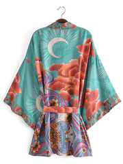 Robe de soirée courte en coton à imprimé floral, couleur verte, kimono court 