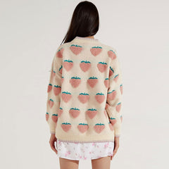 Adorable Strawberry Oversized Crew Neck Knit Pullover Sweater - Pink