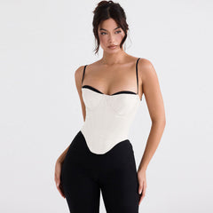 Asymmetrisches, kontrastierendes Sweetheart-Korsett-Crop-Top aus Satin ohne Ärmel - Weiß