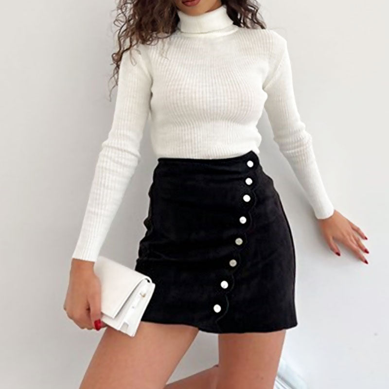 Asymmetric High Waist Scalloped Button Up Faux Suede Wrap Mini Skirt - Black