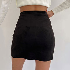 Asymmetric High Waist Scalloped Button Up Faux Suede Wrap Mini Skirt - Black