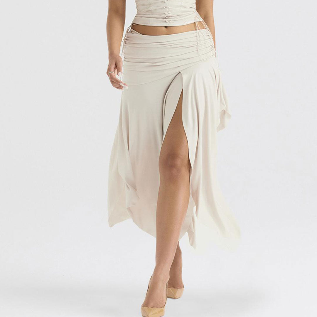 Asymmetric Satin Ruched Side Zipper Drop Waist Midi Skirt - Beige