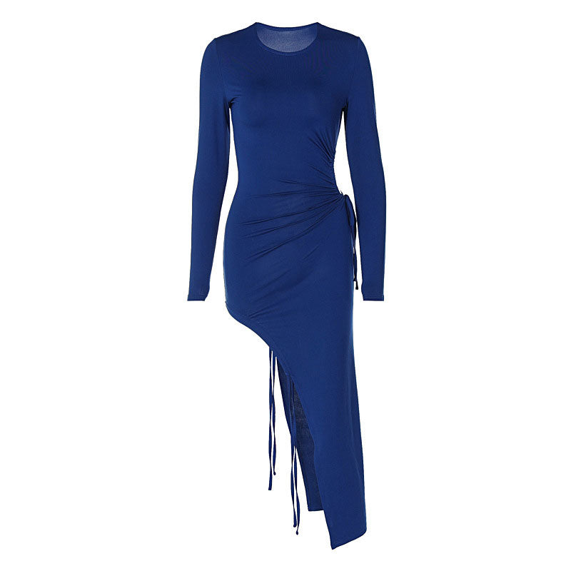 Asymmetrical Drawstring Crew Neck Long Sleeve Split Maxi Dress - Royal Blue