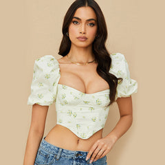 Asymmetrical Floral Printed Bustier Puff Sleeve Crop Top - White