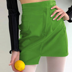 Asymmetrical High Waist Seamed Trim Vegan Leather Mini Skirt - Green