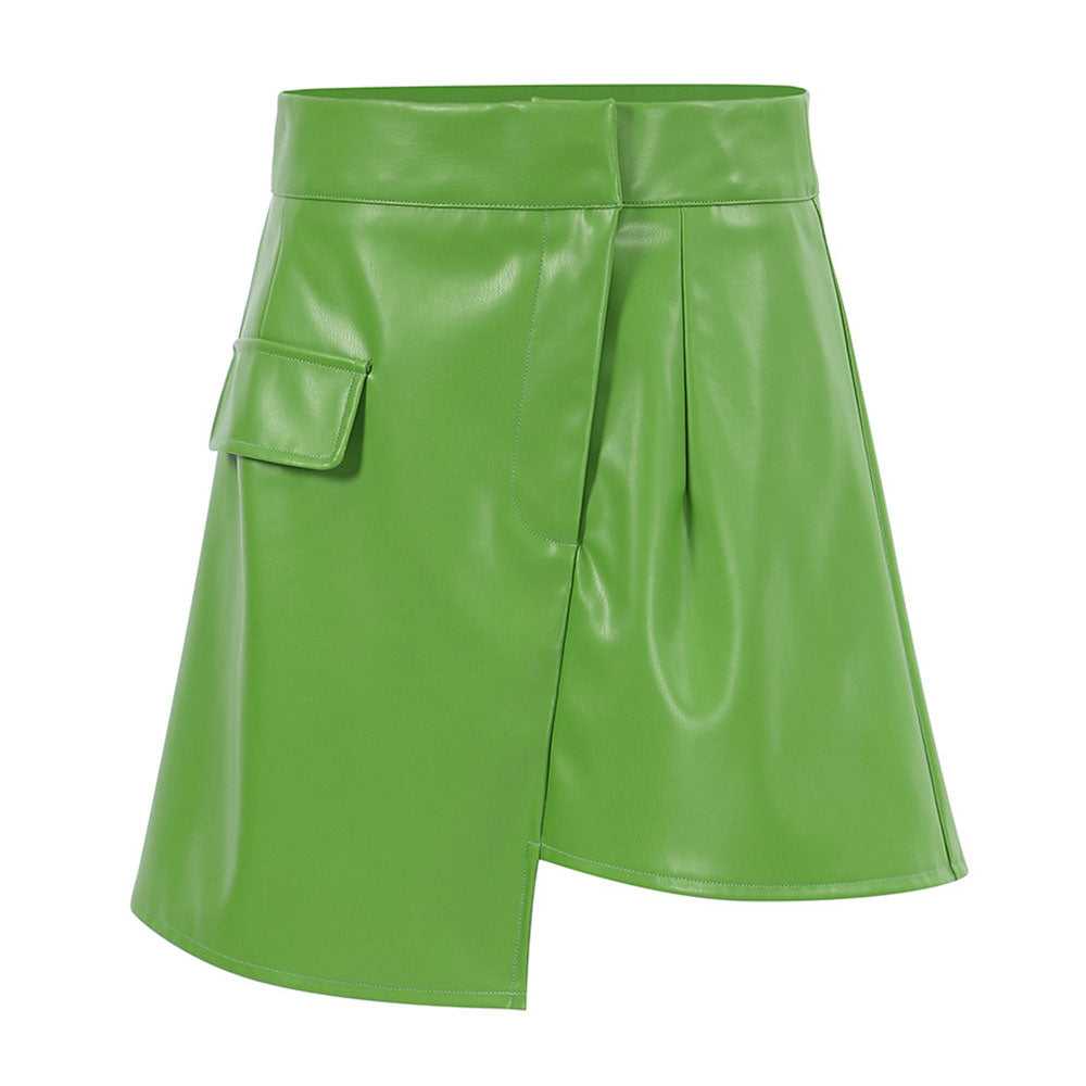 Asymmetrical High Waist Seamed Trim Vegan Leather Mini Skirt - Green