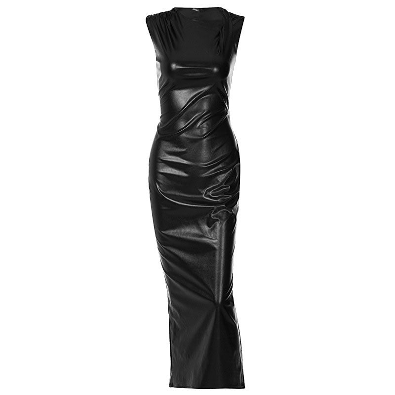 Robe longue moulante en similicuir à col asymétrique et bordure torsadée sans manches - Noir