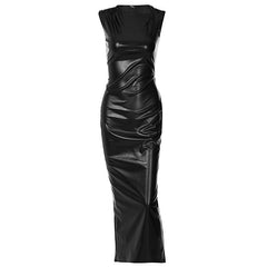 Robe longue moulante en similicuir à col asymétrique et bordure torsadée sans manches - Noir