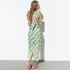 Asymmetrical Tie Dye Checkered Print One Shoulder Midi Dress - Green