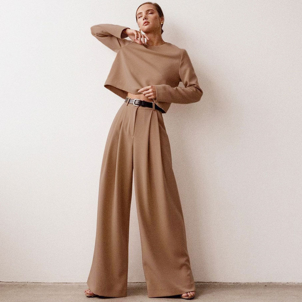 Athflow Long Sleeve Crop Top Wide Leg Pant Matching Set - Coffee