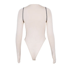 Athletic Crew Neck Contrast Seamed Long Sleeve Bodysuit - Apricot