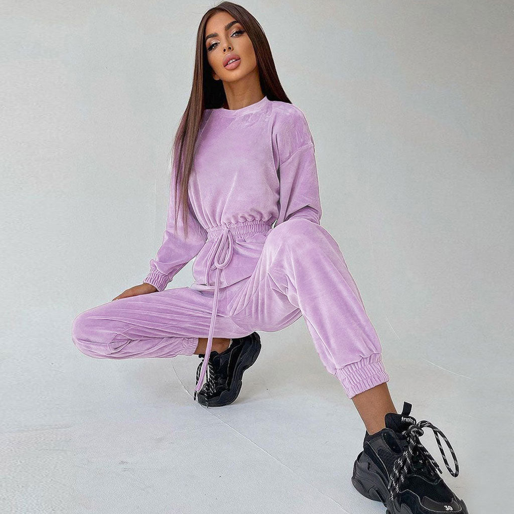 Athletic Crew Neck Long Sleeve Drawstring Velvet Jogger Jumpsuit - Lilac