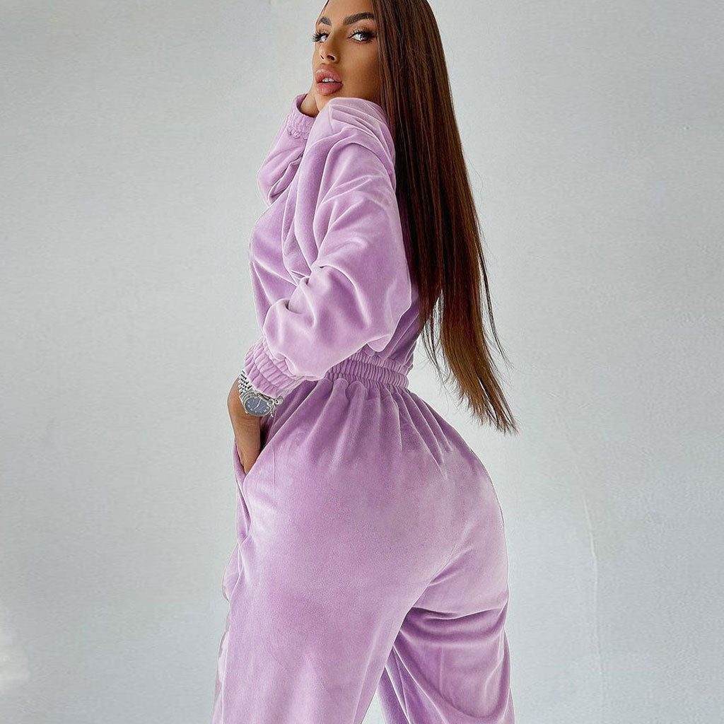 Athletic Crew Neck Long Sleeve Drawstring Velvet Jogger Jumpsuit - Lilac