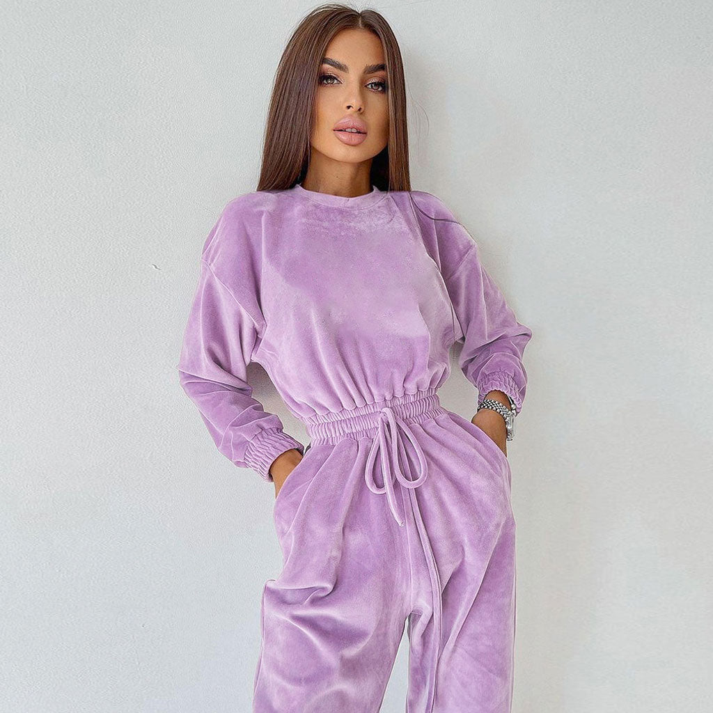 Athletic Crew Neck Long Sleeve Drawstring Velvet Jogger Jumpsuit - Lilac