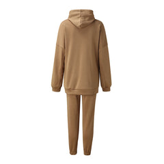 Athletic Drop Shoulder Long Sleeve Hoodie Matching Set - Coffee