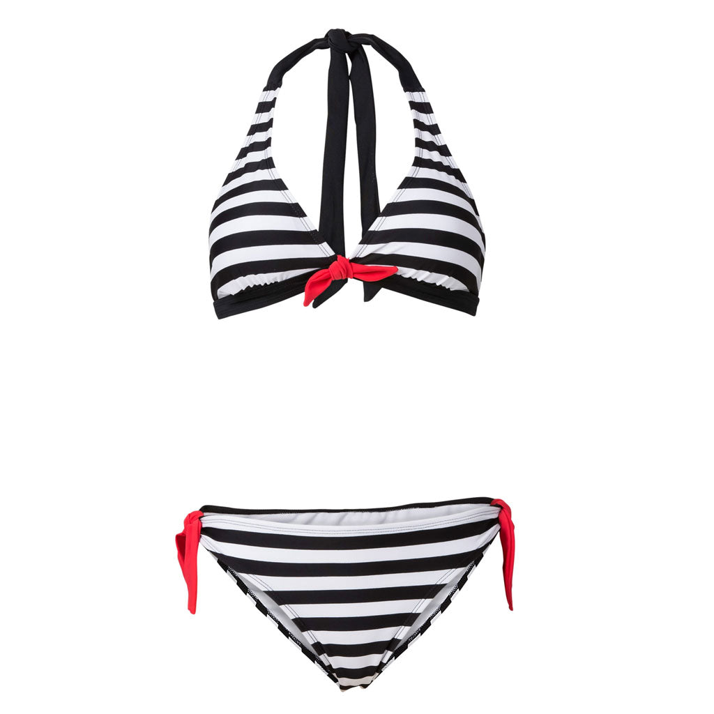 Sportliches Neckholder-Triangel-Bikini-Set mit Streifenmuster und Kontrast-Krawatte - Schwarz