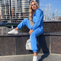 Athletic Style Kitty Hooded Zip Up Long Sleeve Jumpsuit - Blue