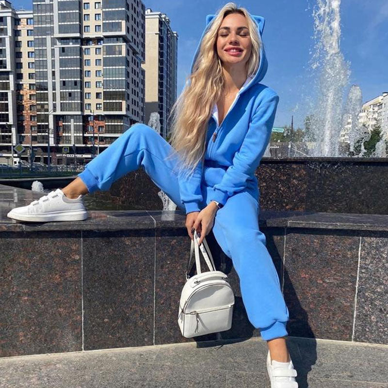 Athletic Style Kitty Langarm-Jumpsuit mit Kapuze und Reißverschluss - Blau