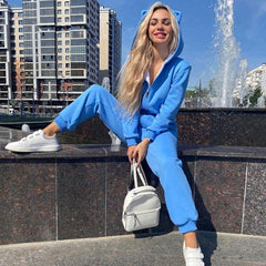 Athletic Style Kitty Langarm-Jumpsuit mit Kapuze und Reißverschluss - Blau