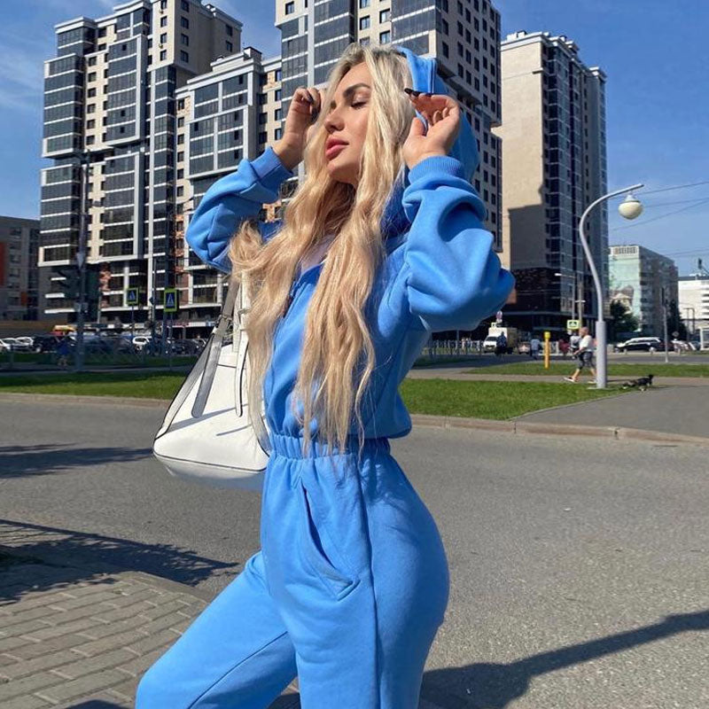 Athletic Style Kitty Langarm-Jumpsuit mit Kapuze und Reißverschluss - Blau