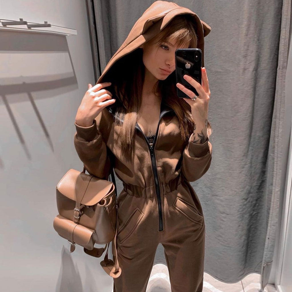 Athletic Style Kitty Langarm-Jumpsuit mit Kapuze und Reißverschluss - Khaki