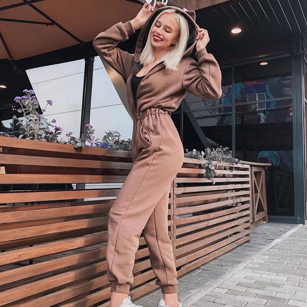 Athletic Style Kitty Langarm-Jumpsuit mit Kapuze und Reißverschluss - Khaki