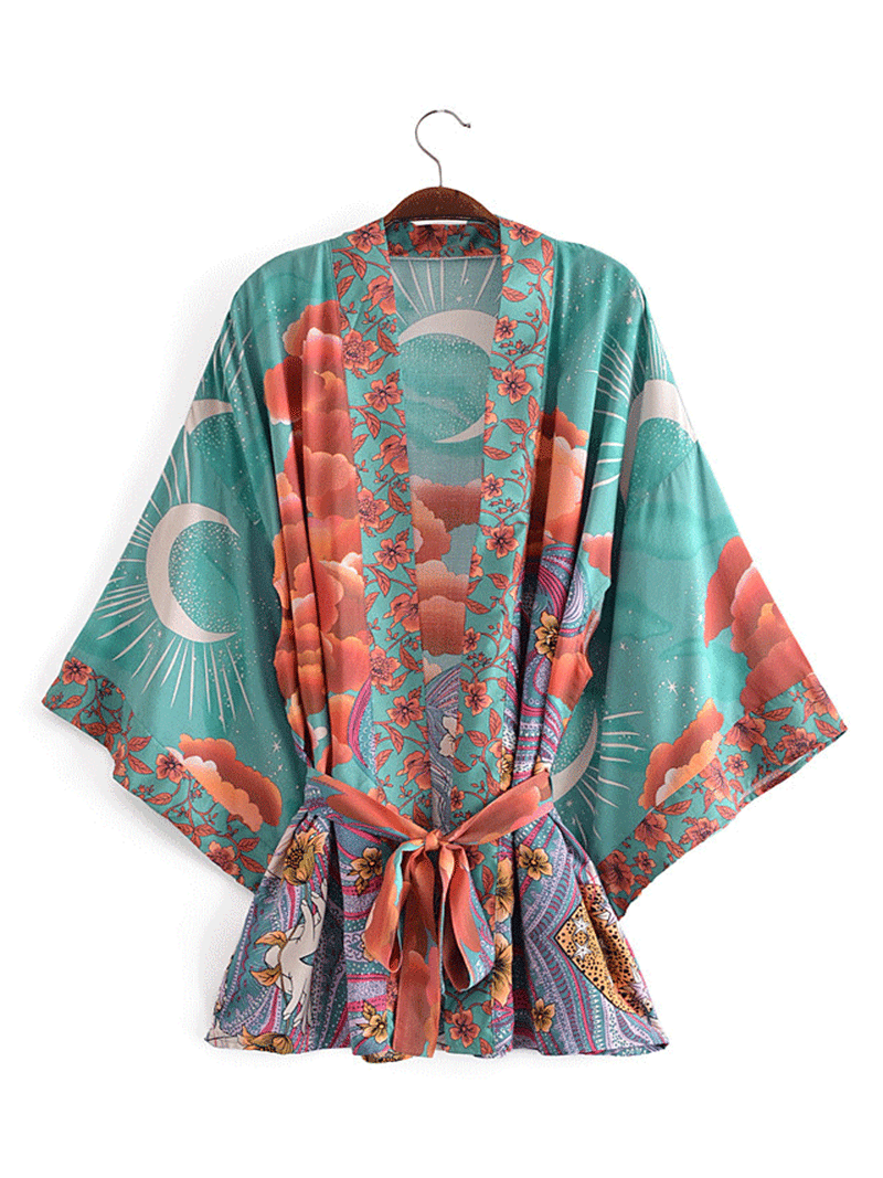 Robe de soirée courte en coton à imprimé floral, couleur verte, kimono court 