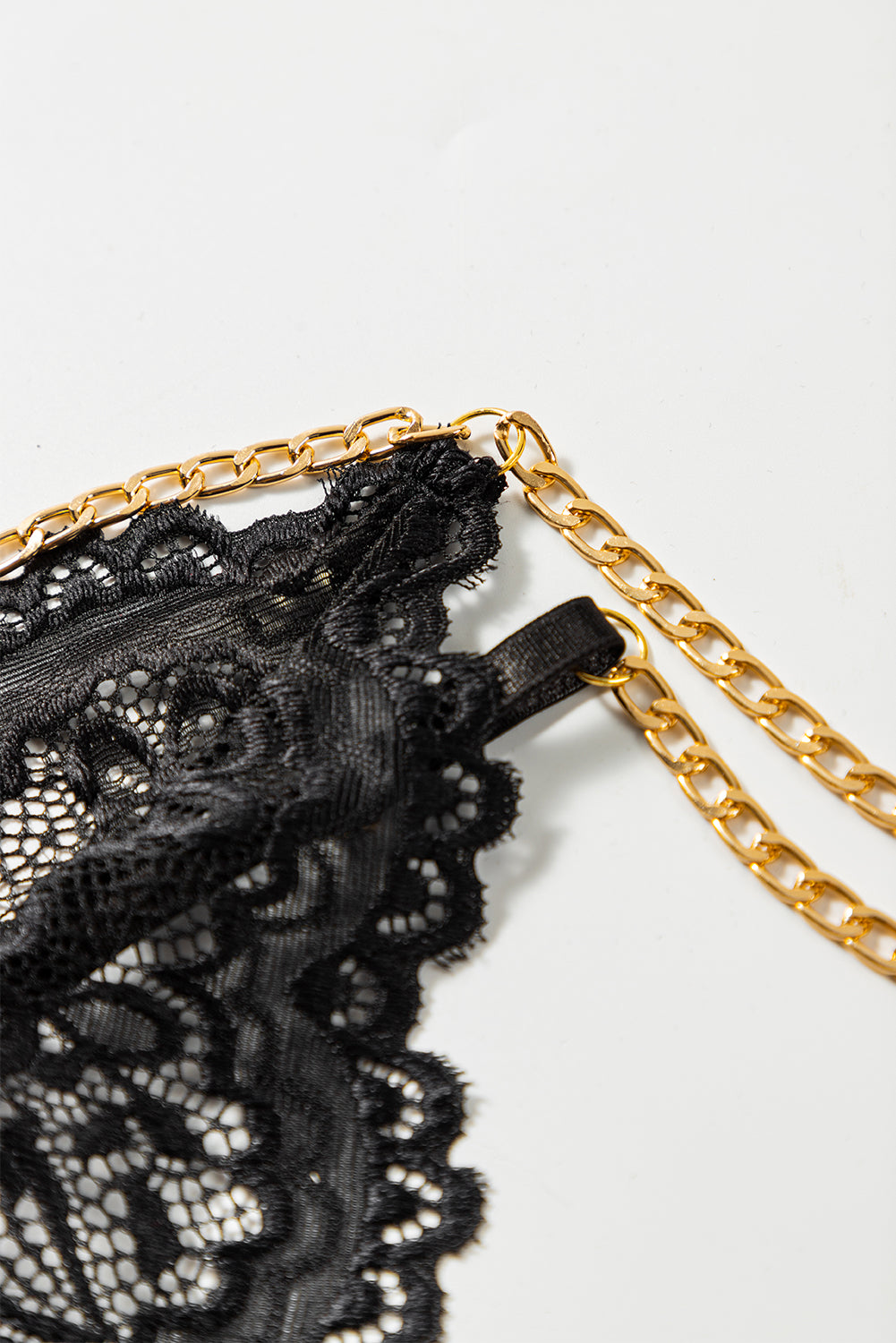 Black 3Pcs Gold Chain Decor Lace Strappy Gartered Lingerie Set
