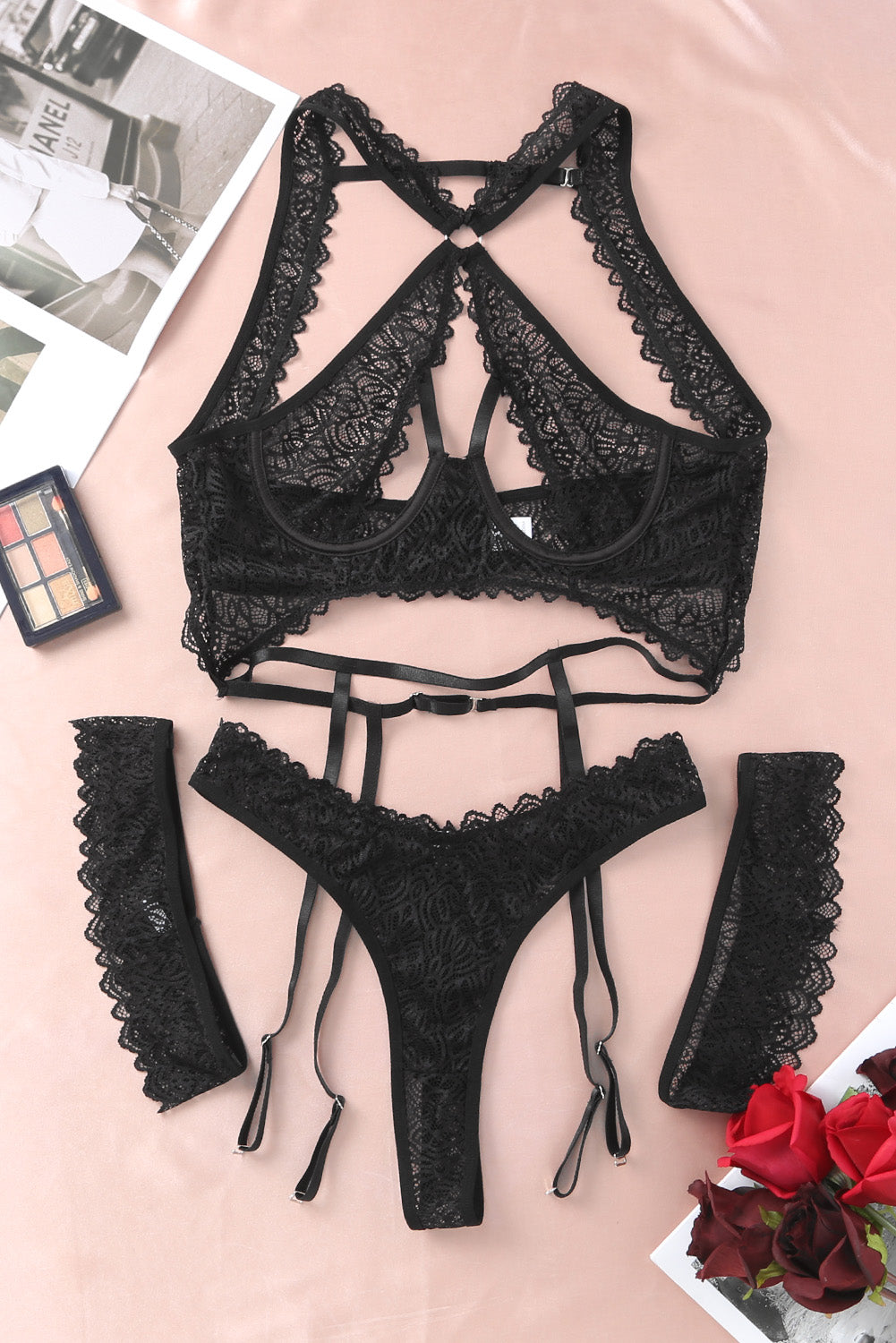 Black 3Pcs Open Cup Lace Strappy Lingerie Set