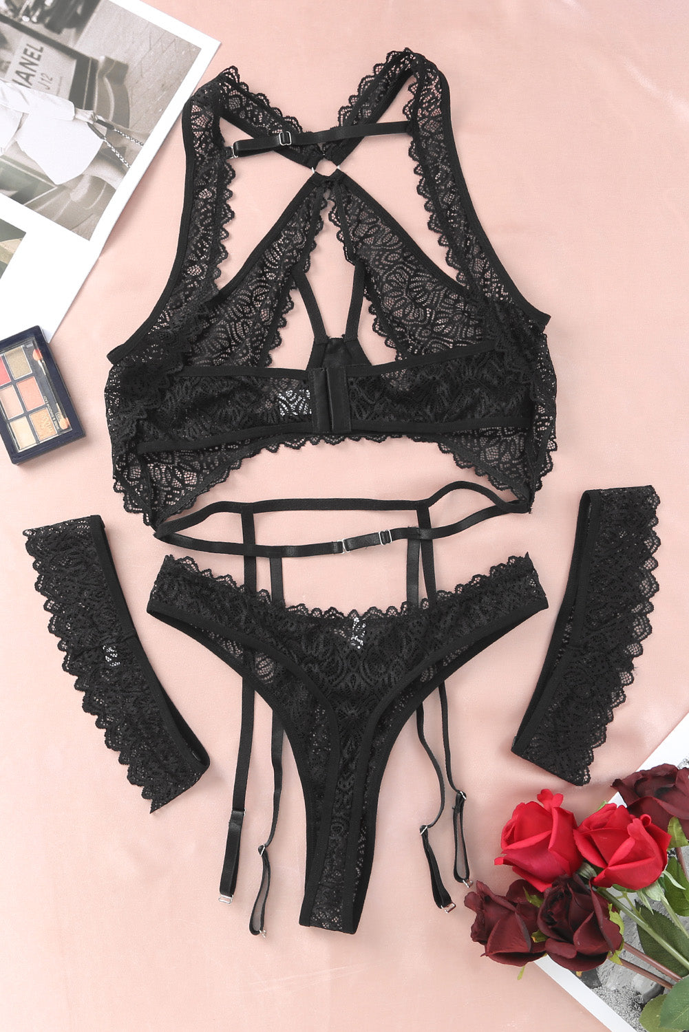 Black 3Pcs Open Cup Lace Strappy Lingerie Set