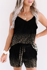 Black Gradient Leopard Pattern Sleeveless Drawstring Lounge Set