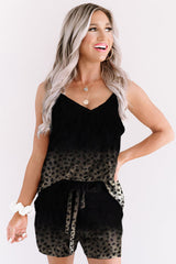 Black Gradient Leopard Pattern Sleeveless Drawstring Lounge Set