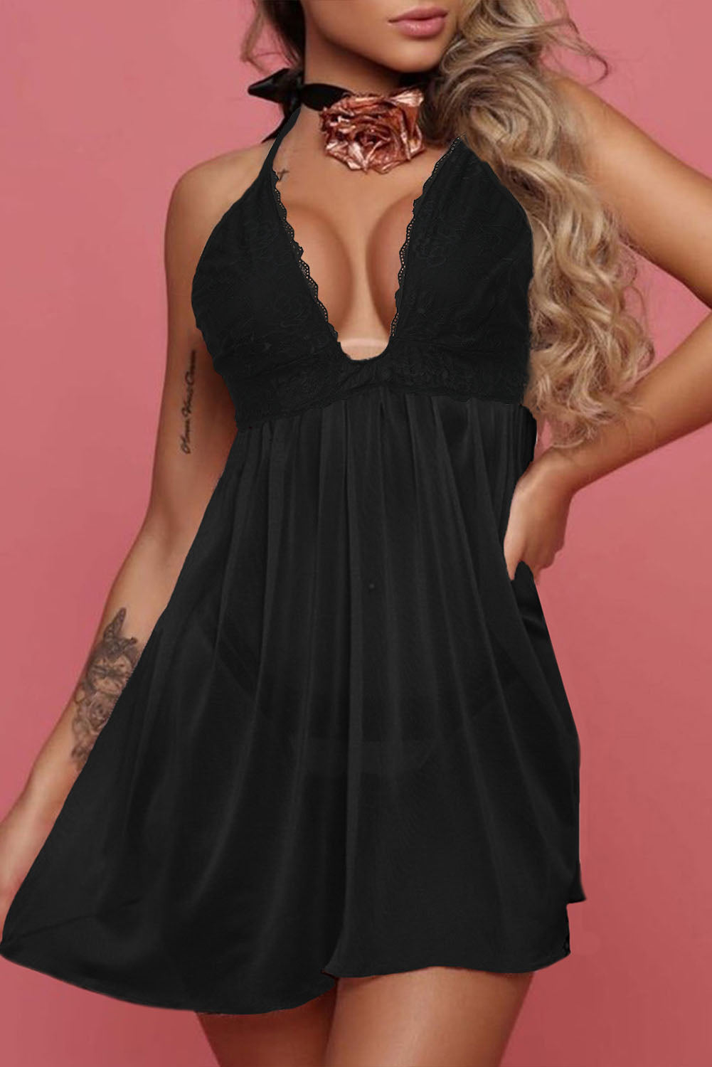 Black Lace Cups Tulle Babydoll Set