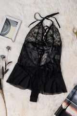 Black Lace Patchwork Halter Neck Backless Babydoll