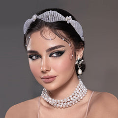 Blingy Crystal Rhinestone Faux Pearl Beaded Wavy Headband - Silver