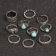 Boho-Stil Multi Mix Steinbesatz geprägt Ring Set - Silber