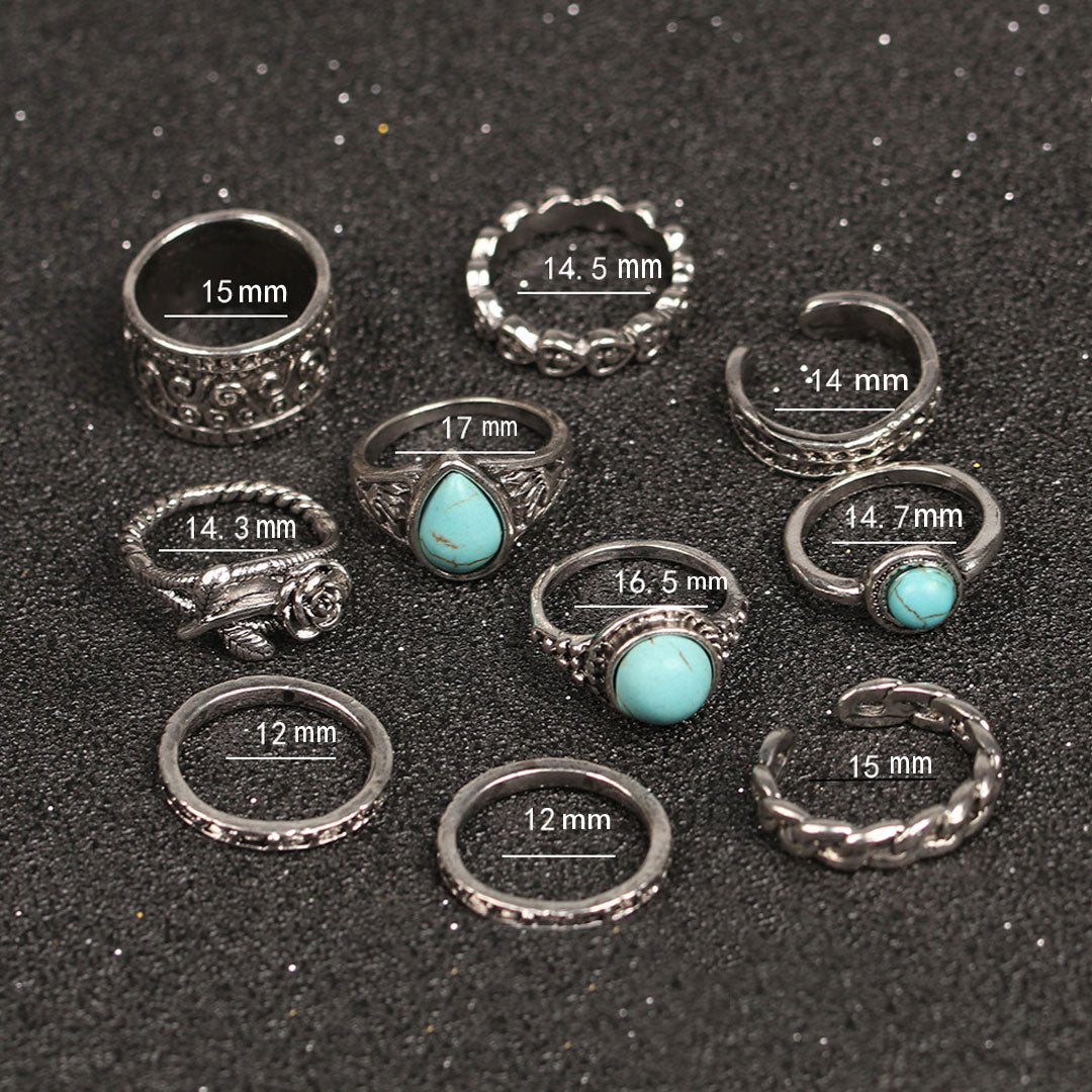 Boho-Stil Multi Mix Steinbesatz geprägt Ring Set - Silber